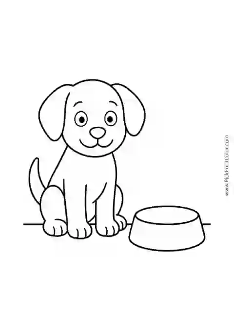 Puppy Beside a Food Bowl printable coloring page