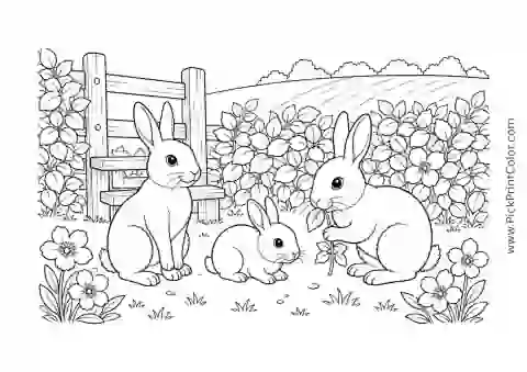 Rabbit Family by a Hedgerow printable coloring page