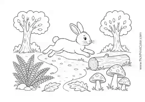 Rabbit Hopping along a Woodland Path printable coloring page