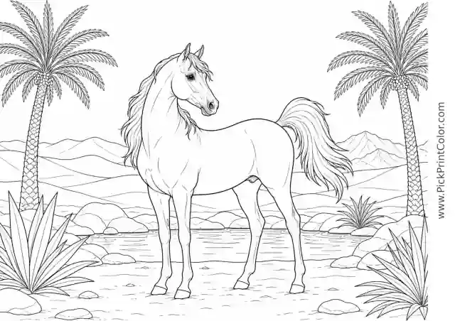 Realistic Arabian Horse at a Desert Oasis printable coloring page