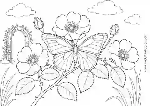 Realistic Butterfly on a Wild Rose Branch printable coloring page