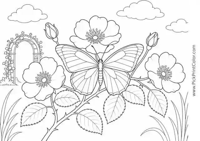 Realistic Butterfly on a Wild Rose Branch printable coloring page