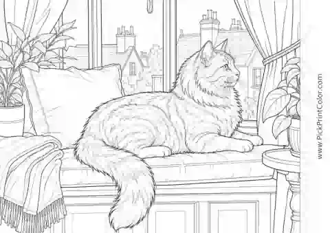 Realistic Cat on a Window Seat printable coloring page