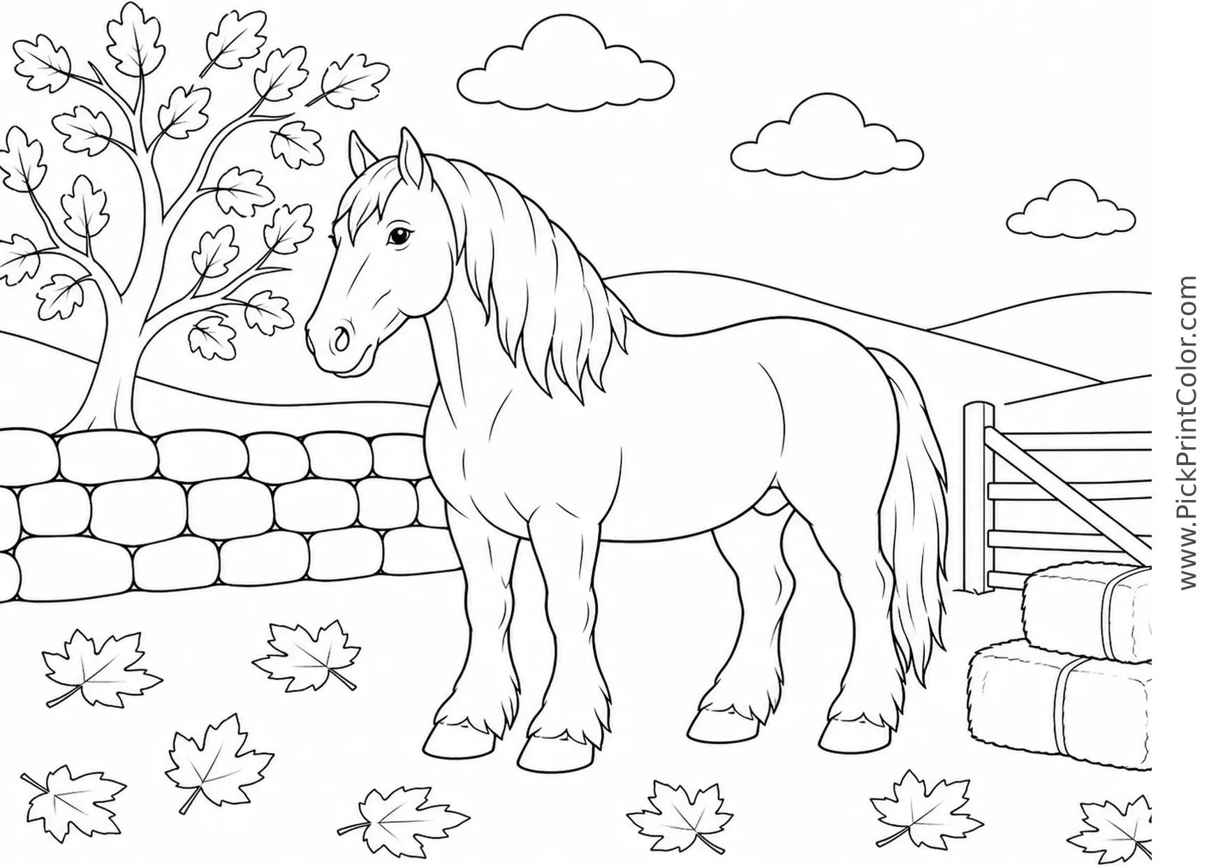 Realistic Draft Horse in an Autumn Field printable coloring page