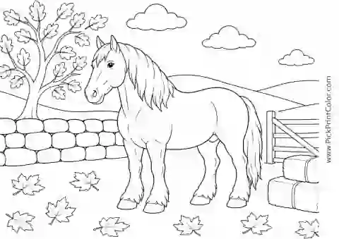 Realistic Draft Horse in an Autumn Field printable coloring page