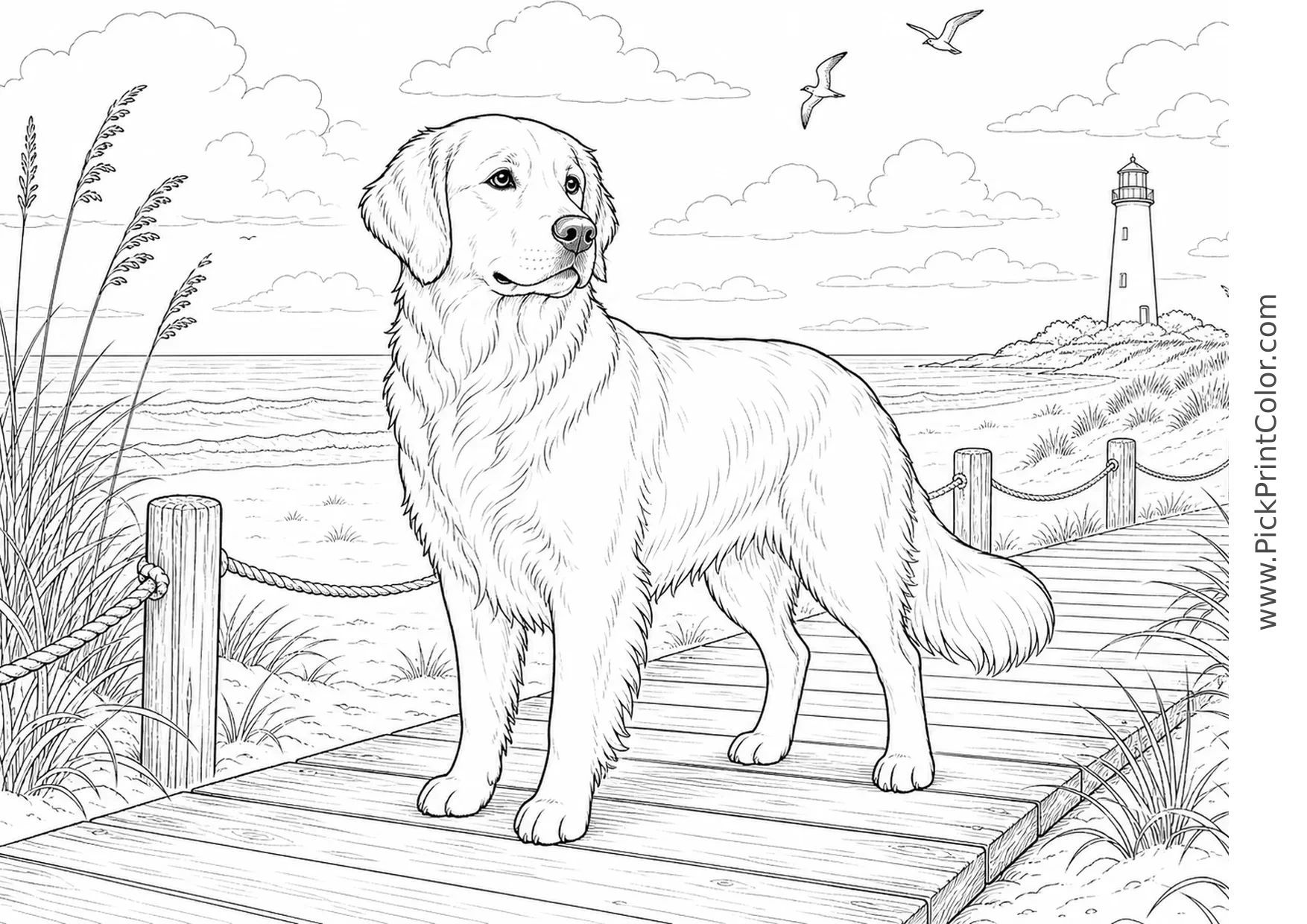 Realistic Golden Retriever by Beach Dunes printable coloring page