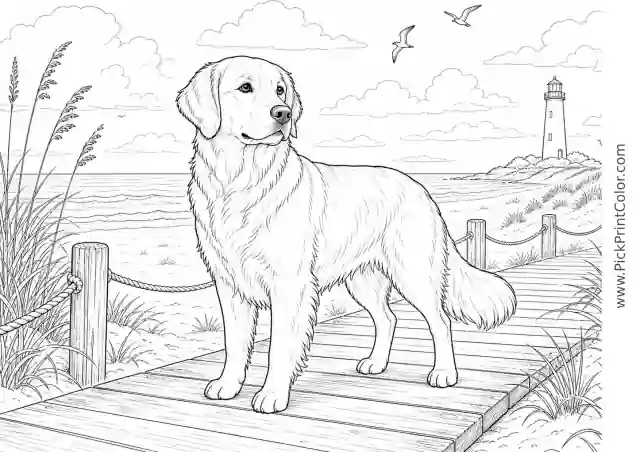 Realistic Golden Retriever by Beach Dunes printable coloring page