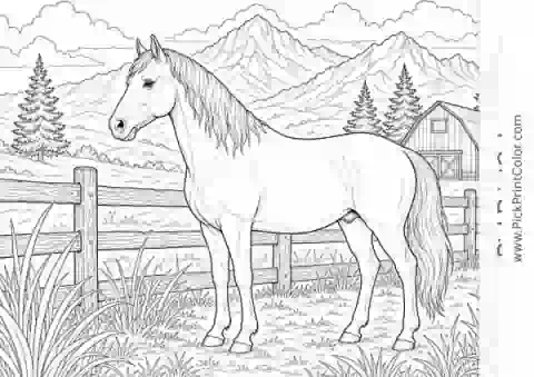 Realistic Horse at a Mountain Ranch printable coloring page