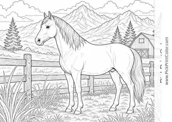 Realistic Horse at a Mountain Ranch printable coloring page