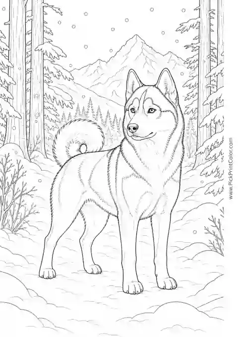 Realistic Husky on a Snowy Forest Path printable coloring page
