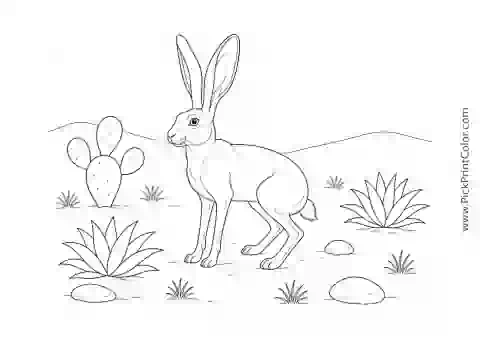 Realistic Jackrabbit in Desert Scrub printable coloring page
