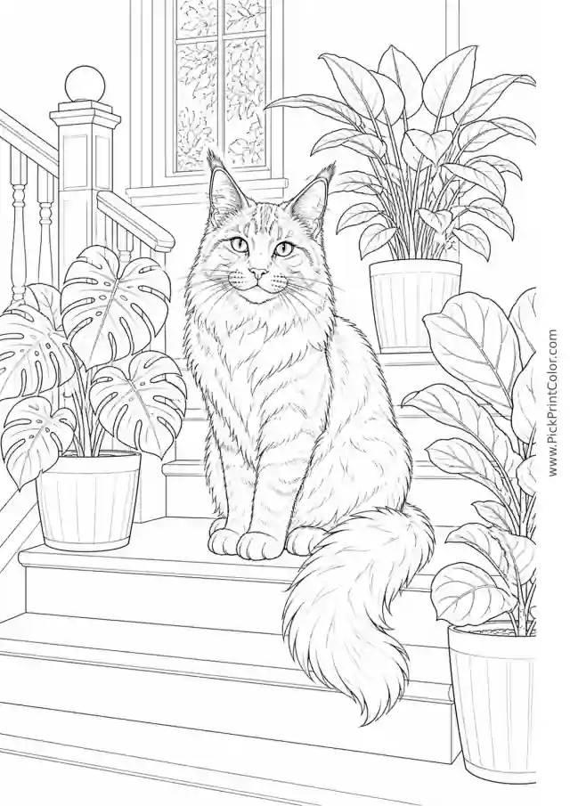 Realistic Maine Coon on a Plant-Filled Staircase printable coloring page