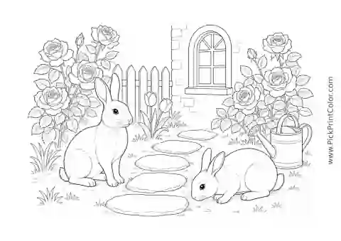 Realistic Rabbits in a Cottage Garden printable coloring page