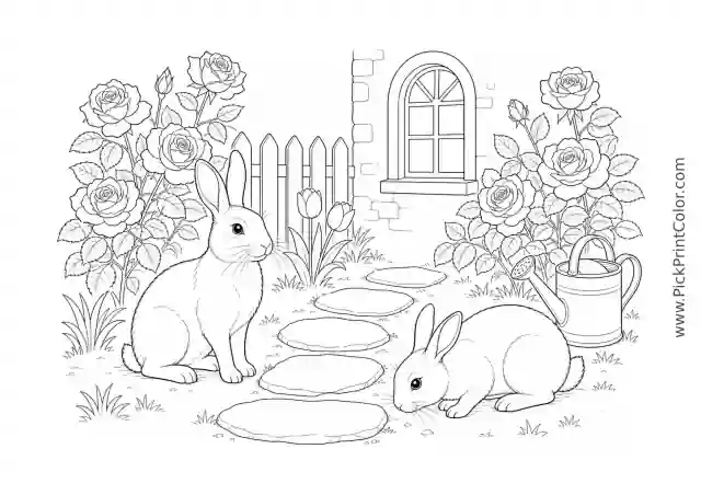 Realistic Rabbits in a Cottage Garden printable coloring page