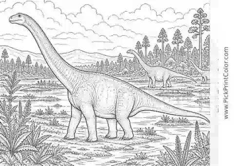 Realistic Sauropod Herd on a Wide Floodplain black-and-white dinosaur coloring page