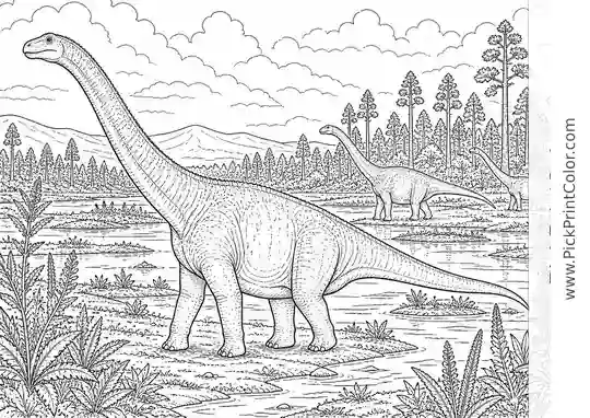 Realistic Sauropod Herd on a Wide Floodplain black-and-white dinosaur coloring page