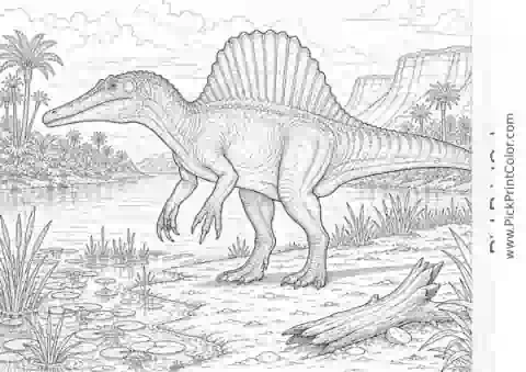 Realistic Spinosaurus on a Quiet Riverbank black-and-white dinosaur coloring page