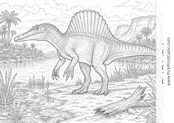 Realistic Spinosaurus on a Quiet Riverbank black-and-white dinosaur coloring page