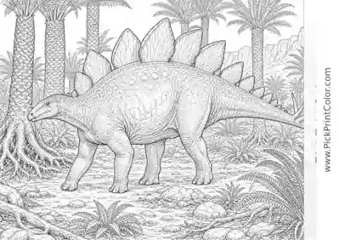 Realistic Stegosaurus in a Cycad Forest black-and-white dinosaur coloring page