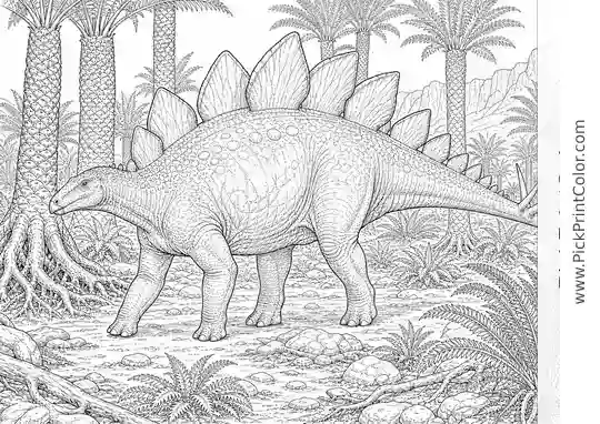 Realistic Stegosaurus in a Cycad Forest black-and-white dinosaur coloring page