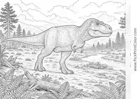 Realistic T. Rex on a Prehistoric Plain black-and-white dinosaur coloring page