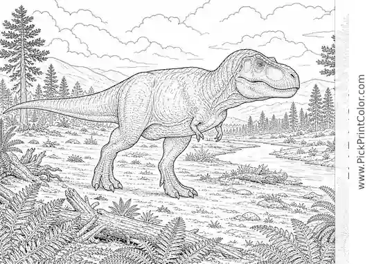 Realistic T. Rex on a Prehistoric Plain black-and-white dinosaur coloring page