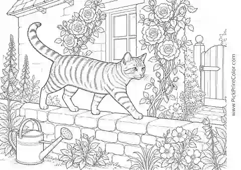 Realistic Tabby on a Cottage Garden Wall printable coloring page