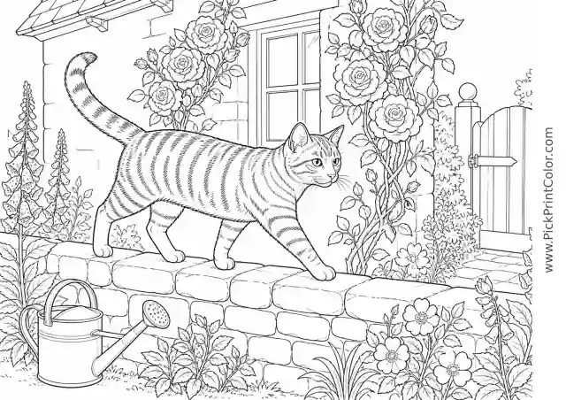Realistic Tabby on a Cottage Garden Wall printable coloring page