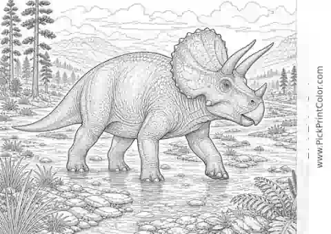 Realistic Triceratops Crossing a River Plain black-and-white dinosaur coloring page