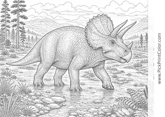 Realistic Triceratops Crossing a River Plain black-and-white dinosaur coloring page
