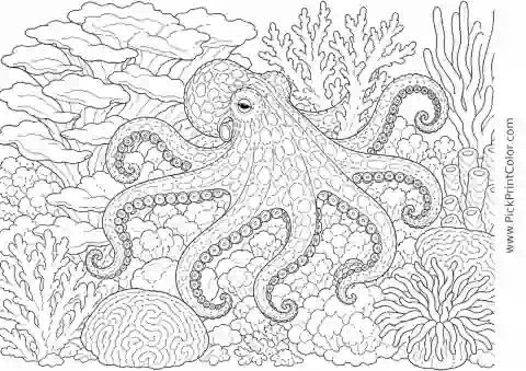 Reef Octopus Camouflaging among Coral printable black-and-white coloring page