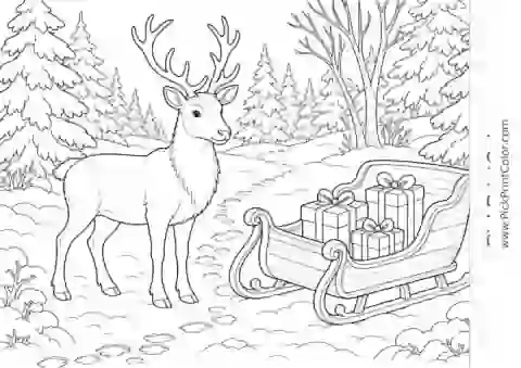 Reindeer and Sleigh in a Snowy Clearing black-and-white printable coloring page