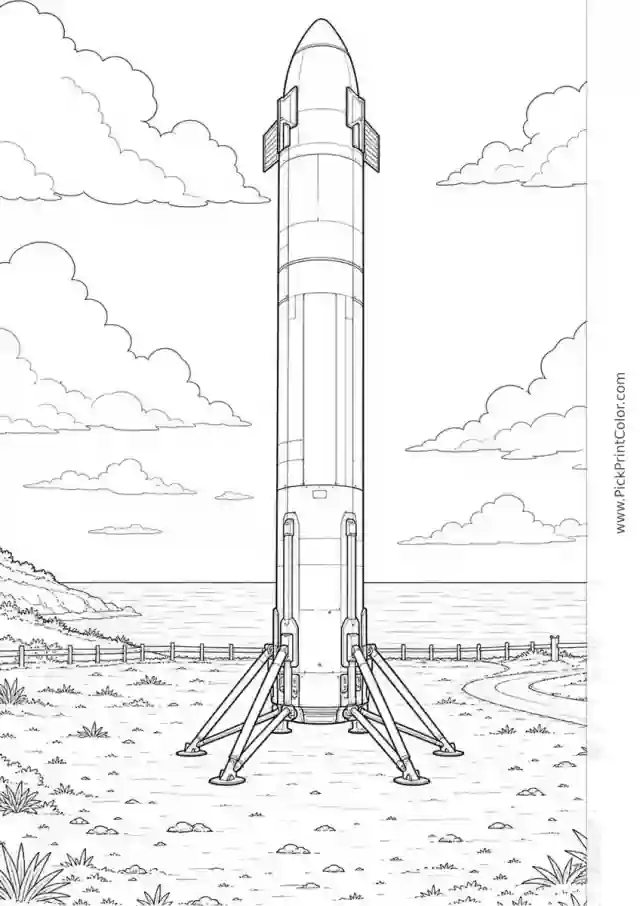 Reusable Rocket Standing After Landing black-and-white printable coloring page