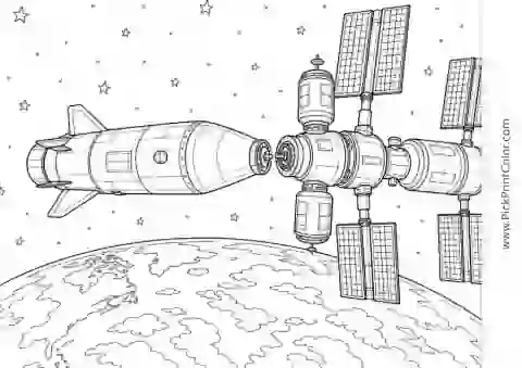 Rocket Docking with a Space Station black-and-white printable coloring page