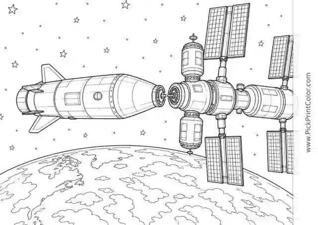 Rocket Docking with a Space Station black-and-white printable coloring page