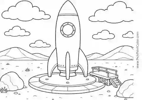 Rocket Ready at a Desert Spaceport black-and-white printable coloring page