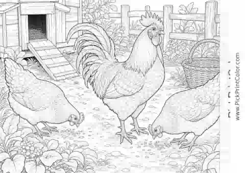 Rooster and Hens on the Farm printable coloring page