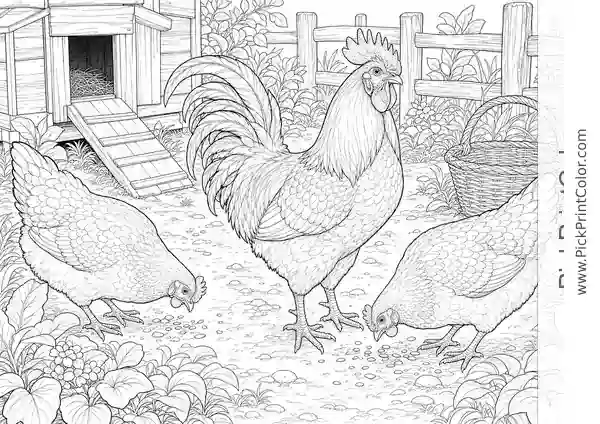 Rooster and Hens on the Farm printable coloring page