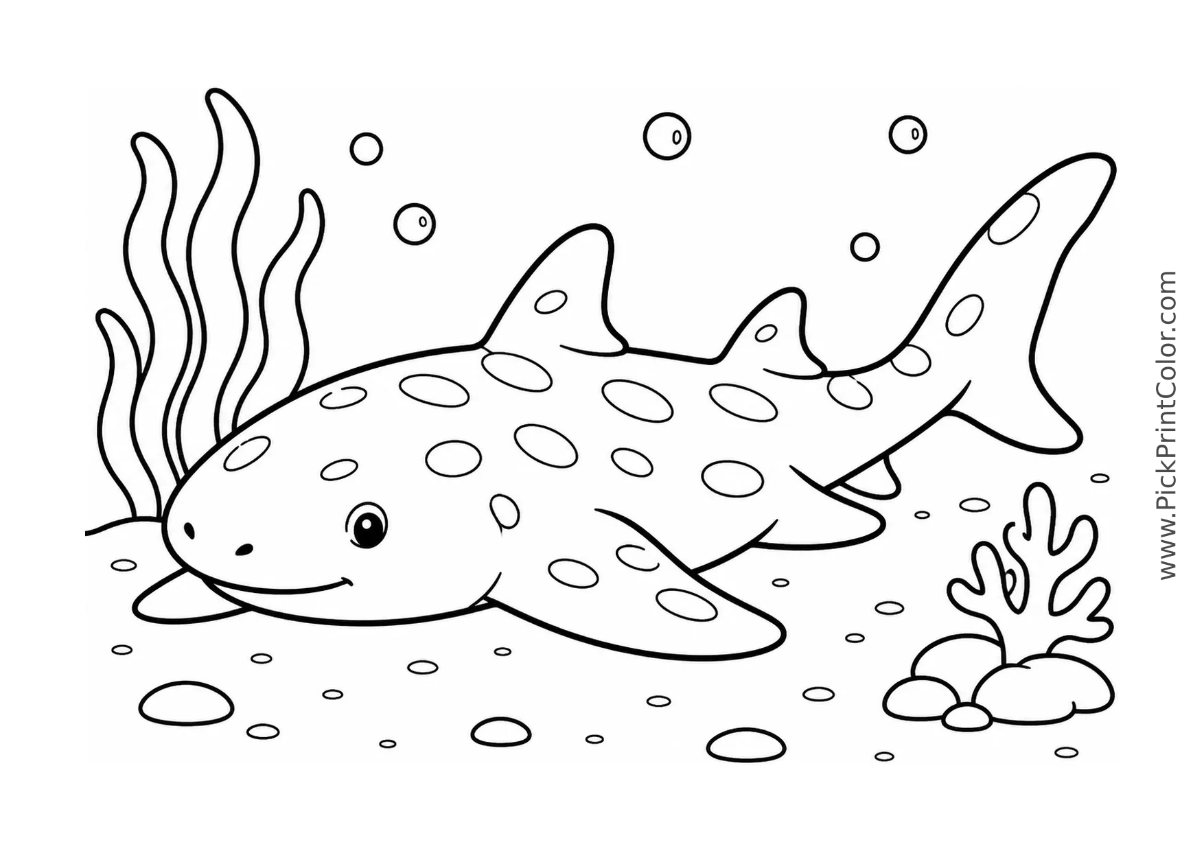 Round Bamboo Shark Resting on Sand printable black-and-white coloring page