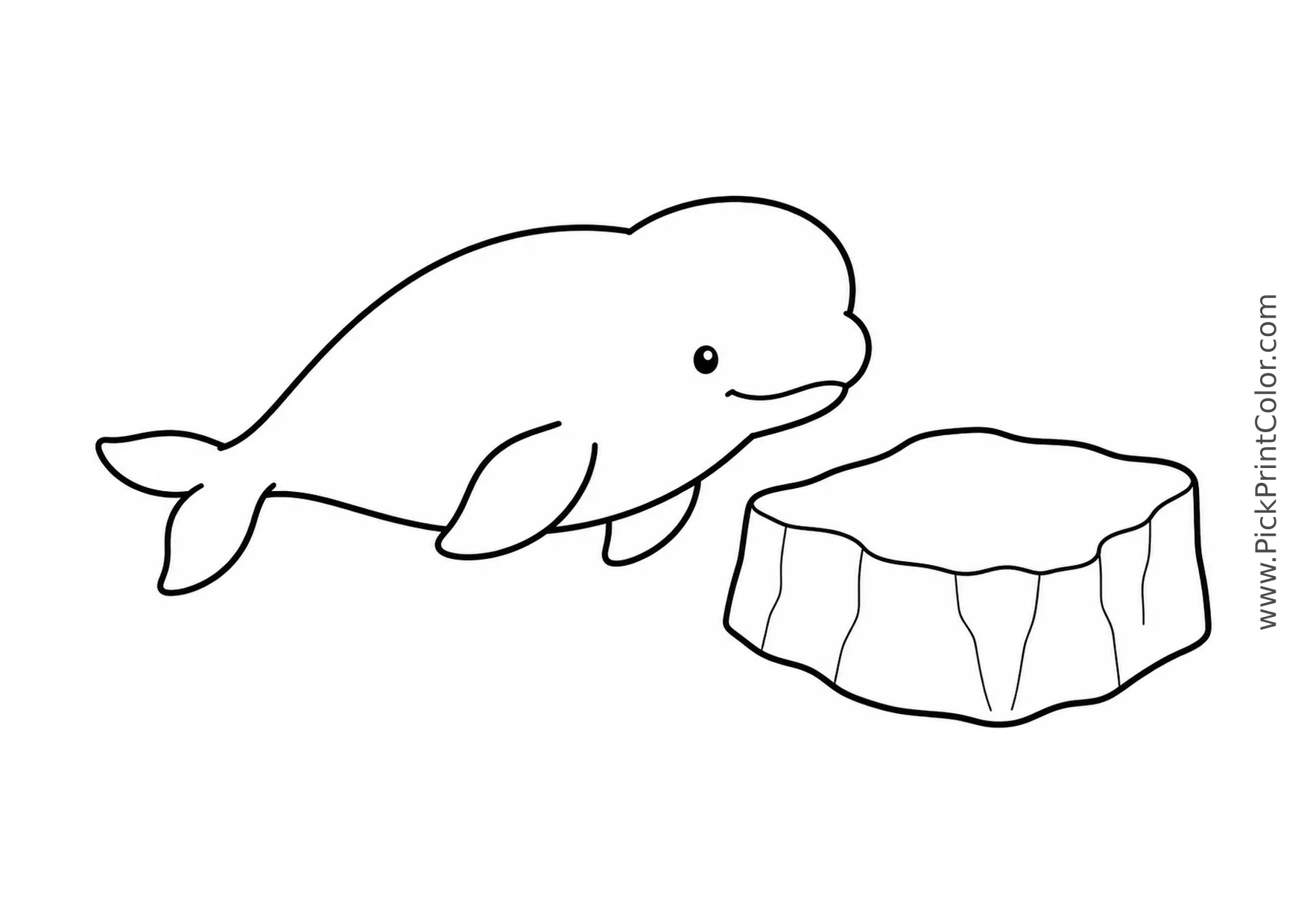 Round Beluga Whale beside an Ice Chunk printable black-and-white coloring page