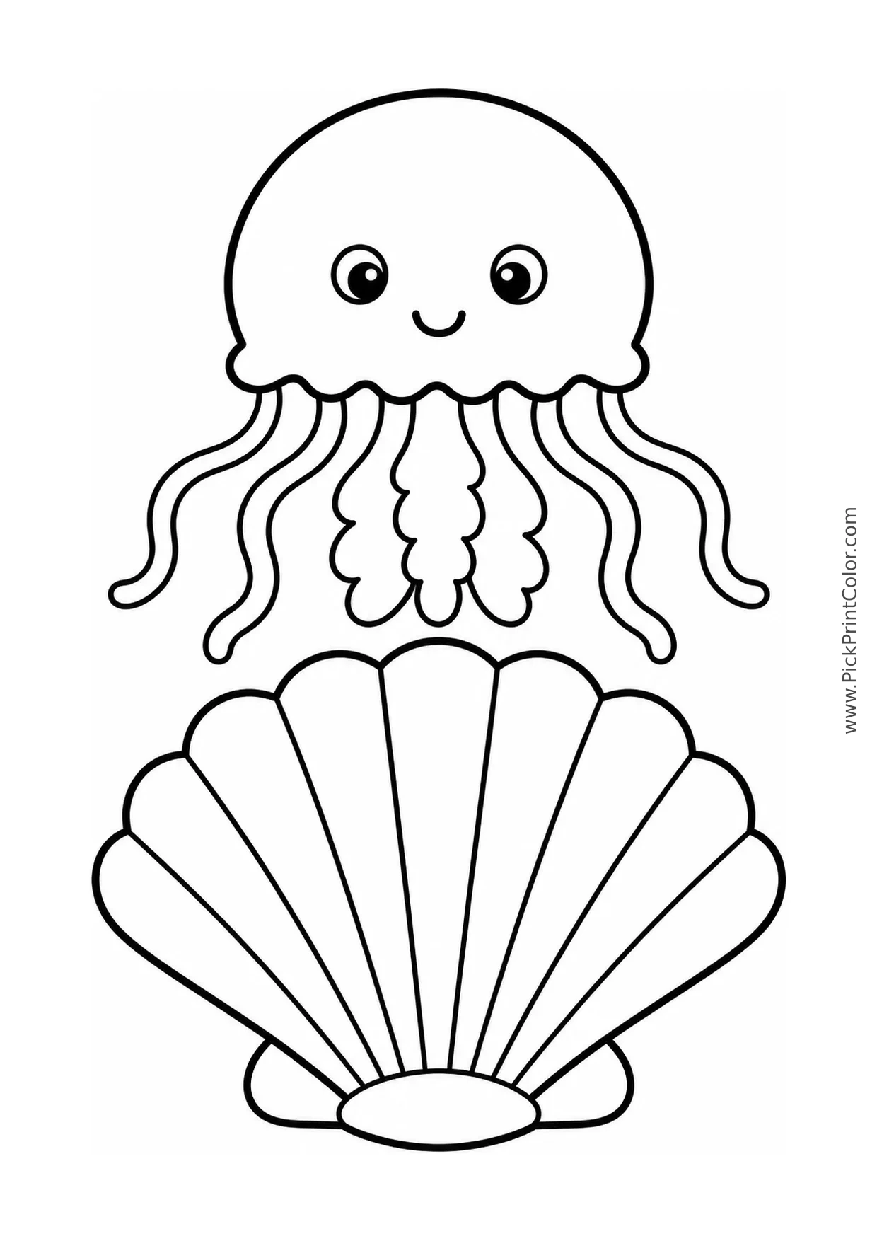 Round Jellyfish above a Large Shell printable black-and-white coloring page