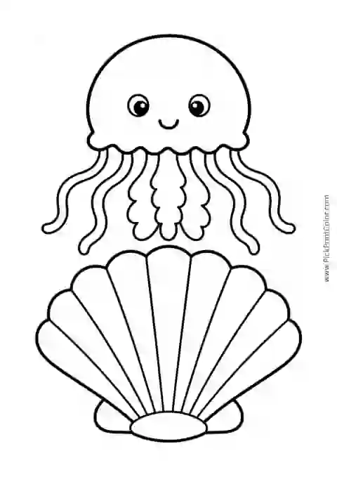 Round Jellyfish above a Large Shell printable black-and-white coloring page
