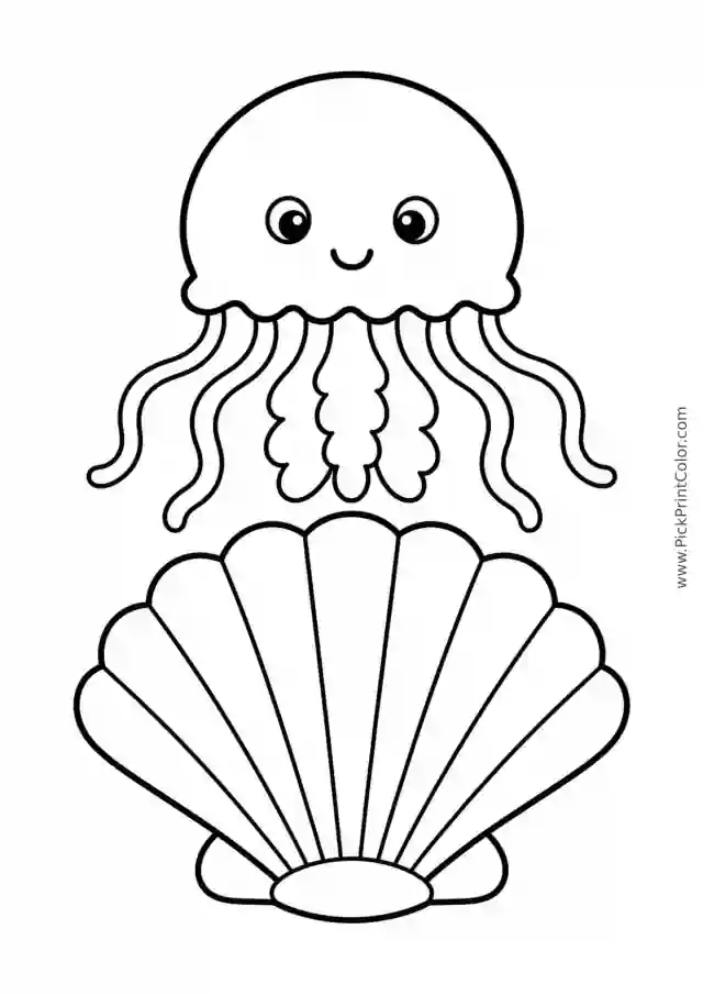 Round Jellyfish above a Large Shell printable black-and-white coloring page