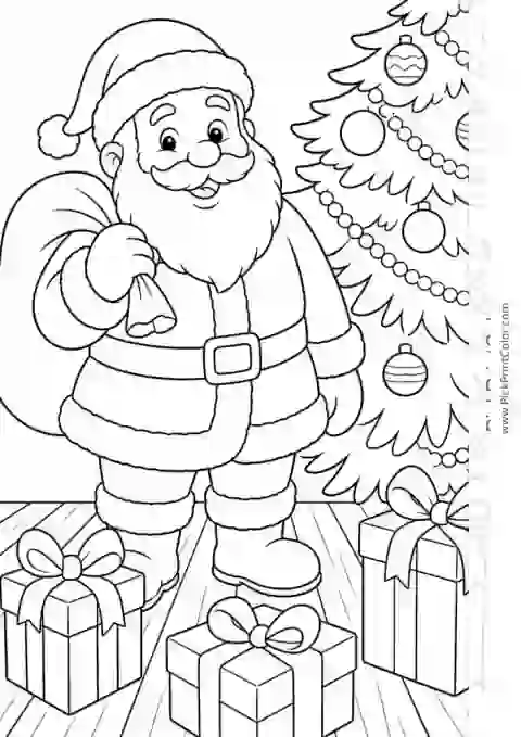 Santa Carrying Gifts by the Christmas Tree black-and-white printable coloring page