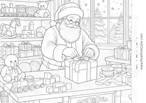 Santa's Detailed Toy Workshop on Christmas Eve black-and-white printable coloring page
