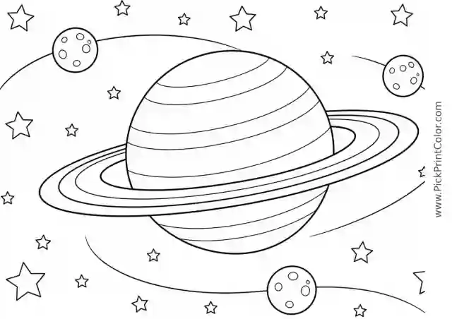 Saturn and Its Moons black-and-white printable coloring page