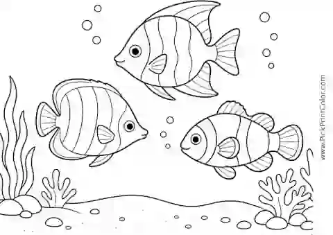 School of Three Tropical Fish over Sand printable black-and-white coloring page