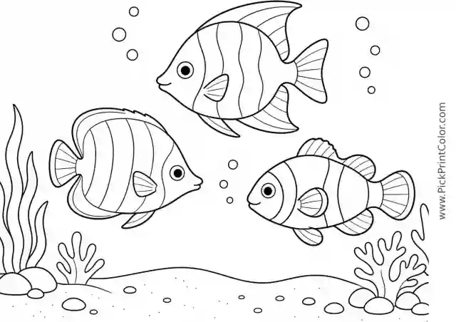 School of Three Tropical Fish over Sand printable black-and-white coloring page