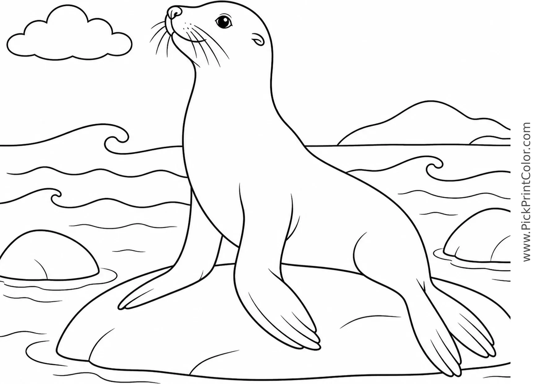 Sea Lion Resting Beside Gentle Waves printable black-and-white coloring page