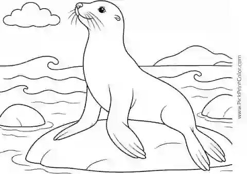 Sea Lion Resting Beside Gentle Waves printable black-and-white coloring page